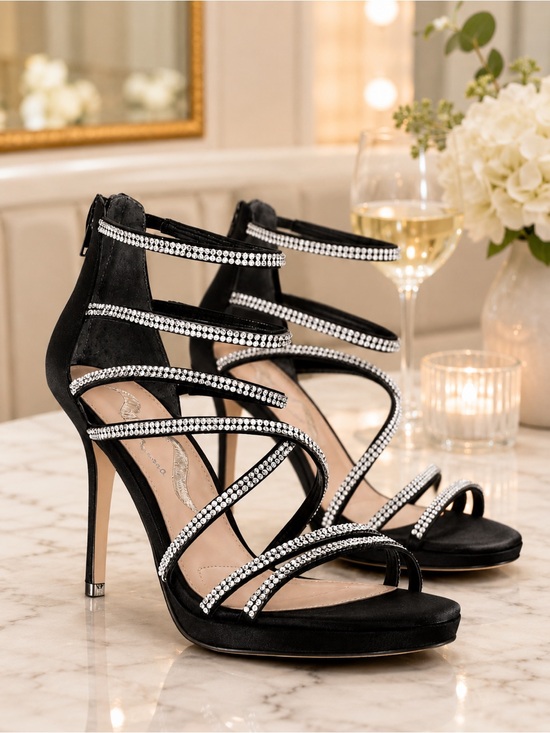 J. Miller Shoes - J. Miller Black Satin Rhinestone Embellished Strappy Stiletto Heels Size 7